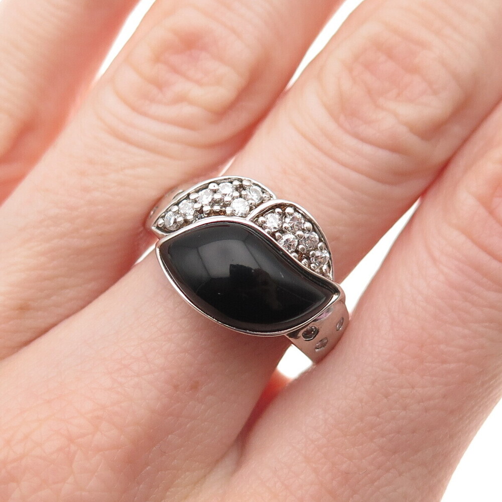 925 Sterling Silver Real Black Onyx & C Z Floral Ring Size 8
